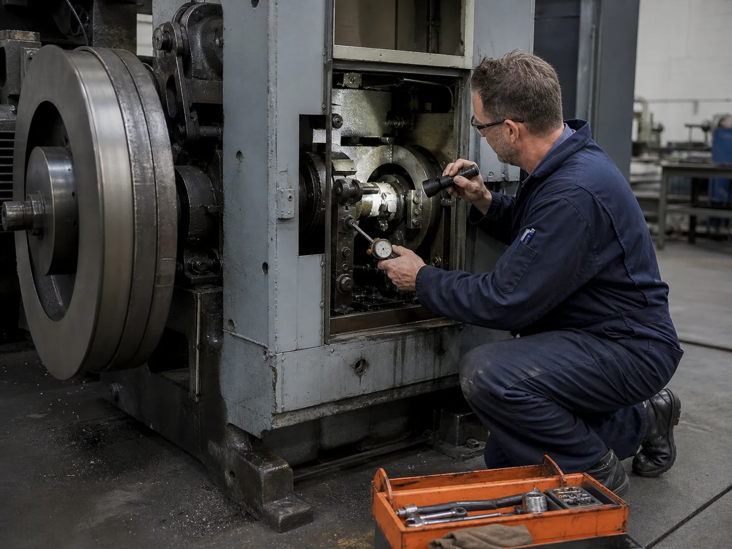Technician diagnosing the mechanical drive of a stopped industrial press