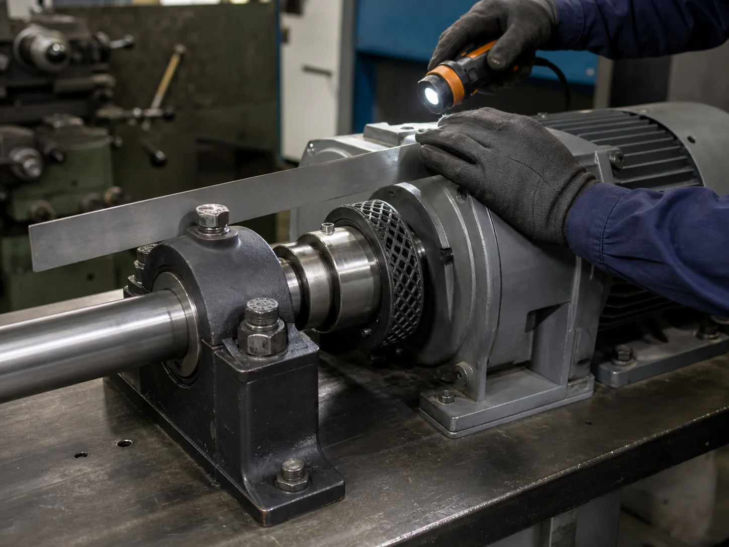 Repaired industrial drive shaft and coupling undergoing final inspection