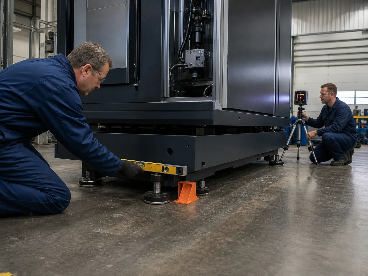 Technicians levelling and aligning heavy industrial machinery