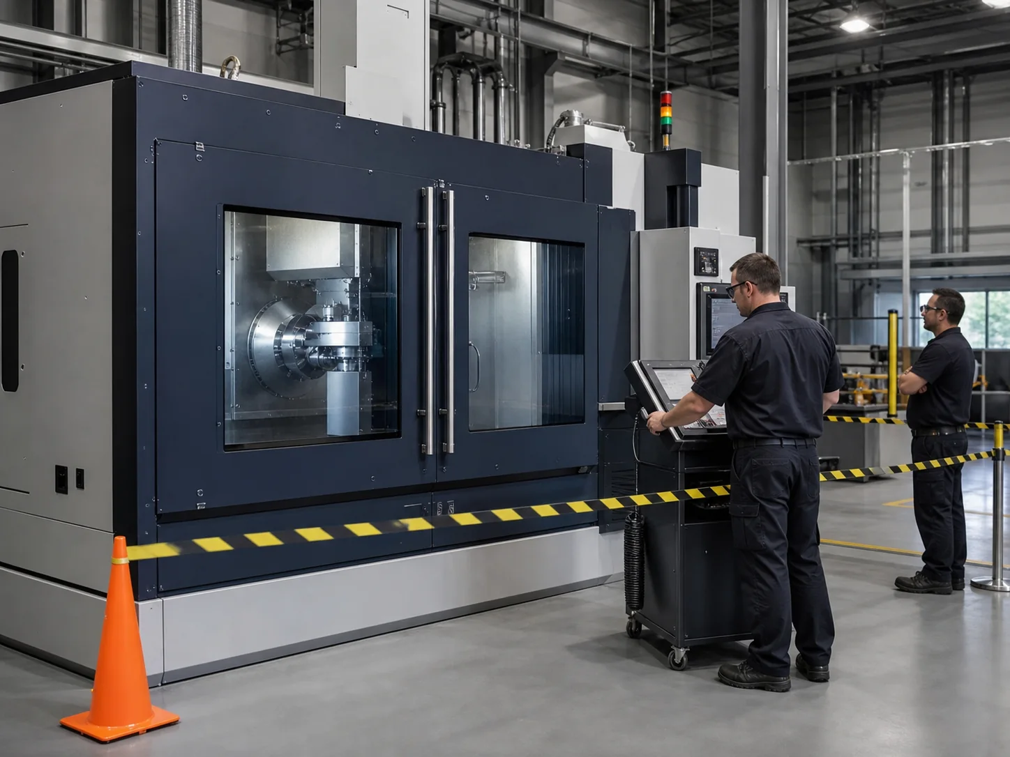 Industrial machine undergoing controlled commissioning tests with guards closed
