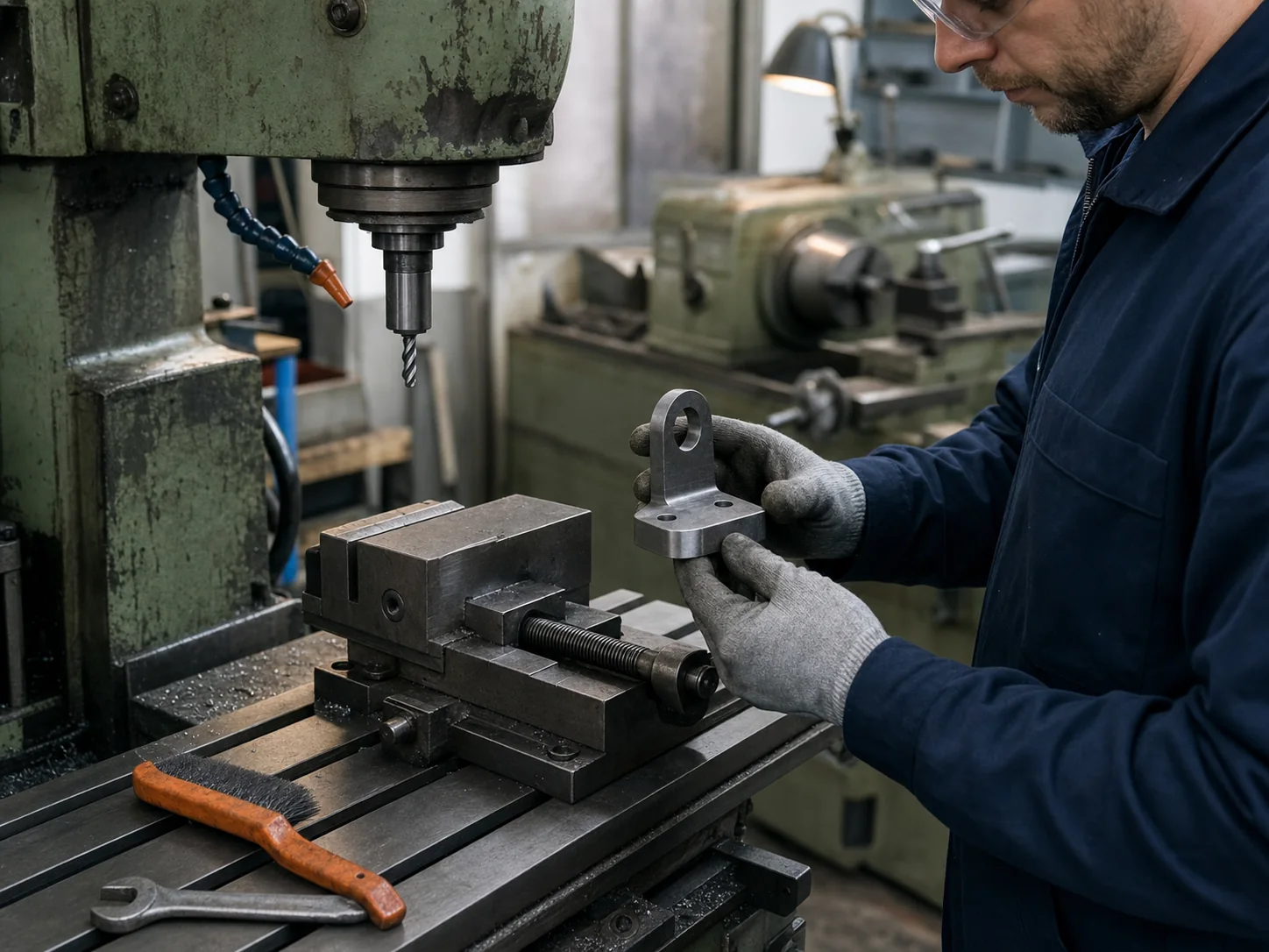Machinist inspecting a steel bracket produced on a conventional milling machine
