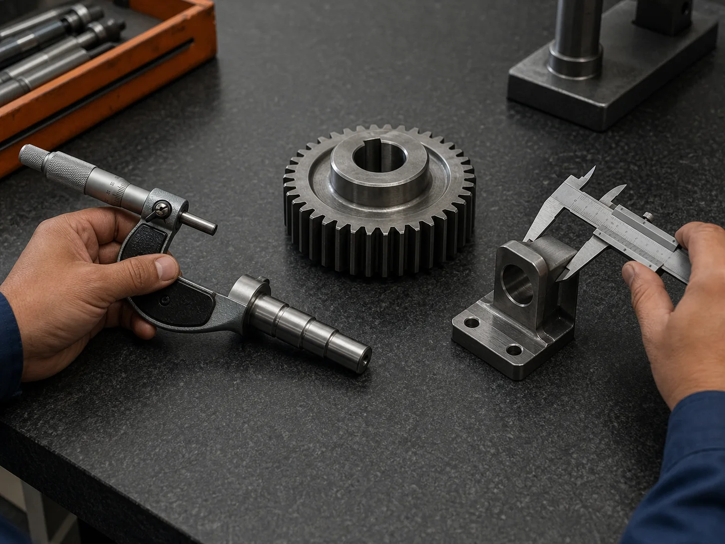 Machined shaft, gear and steel bracket undergoing dimensional inspection