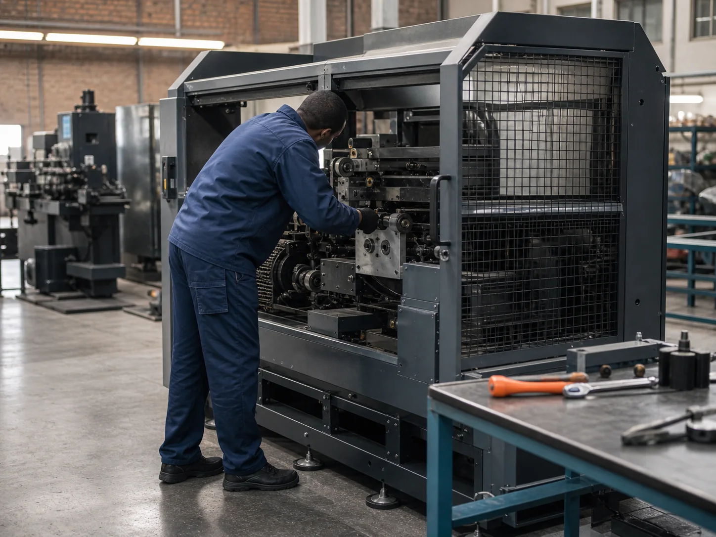 Technician inspecting the mechanical area of an industrial machine