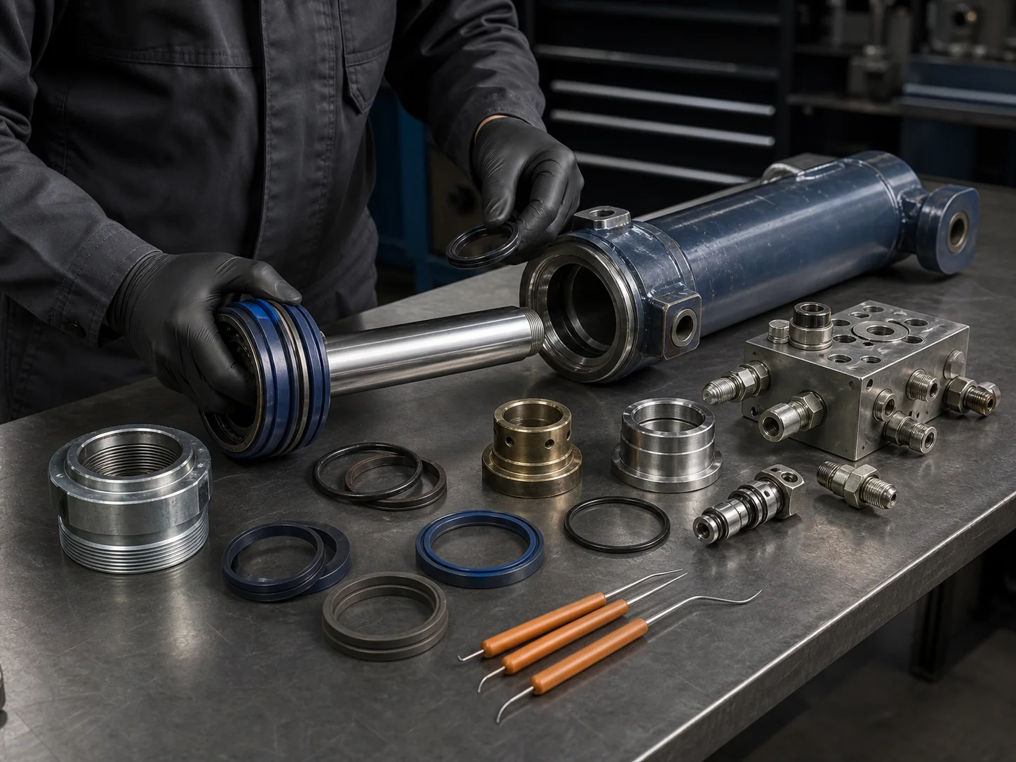 Hydraulic cylinder, seals and valve components arranged for inspection