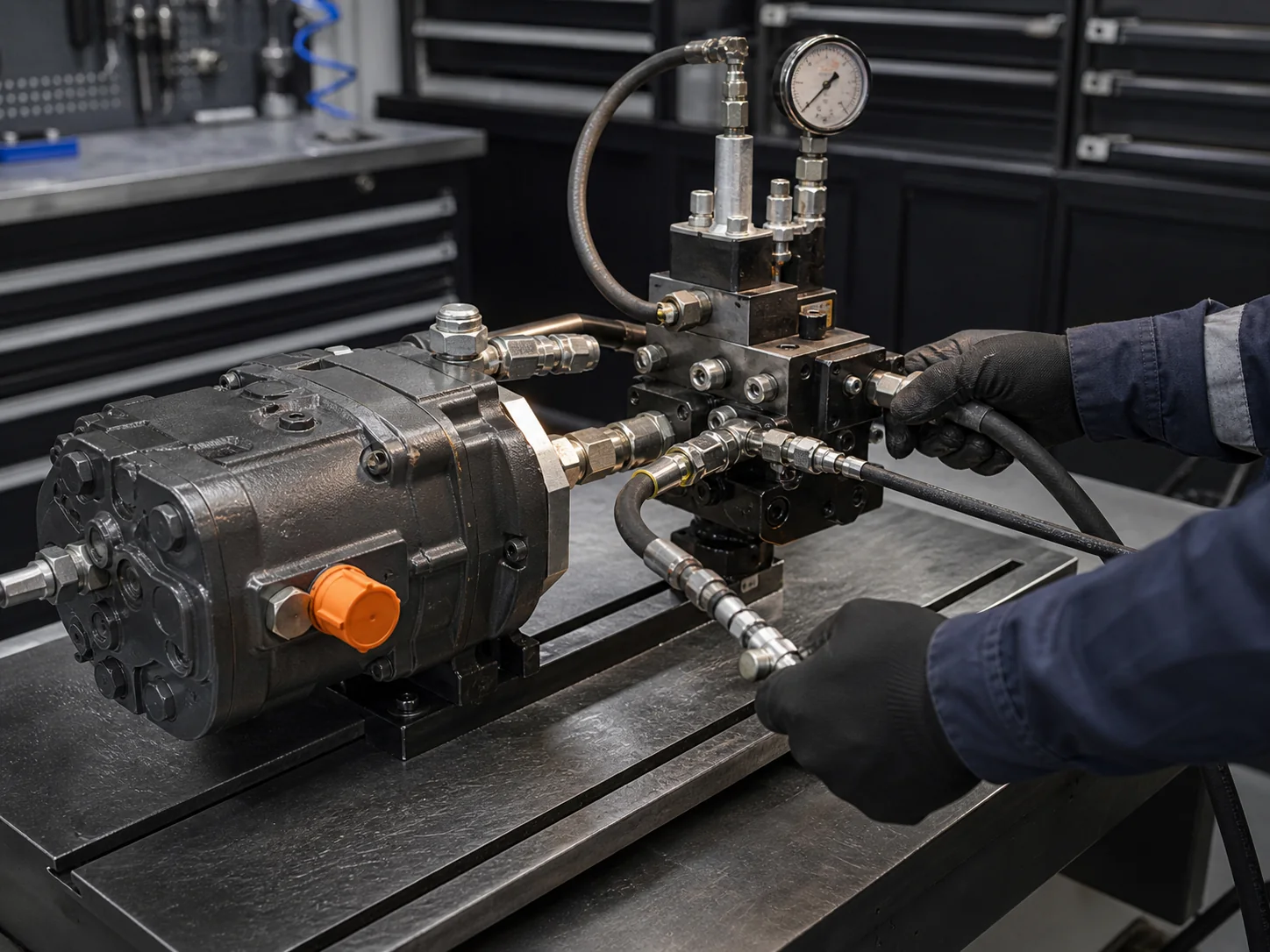 Hydraulic pump and valve manifold undergoing controlled pressure testing