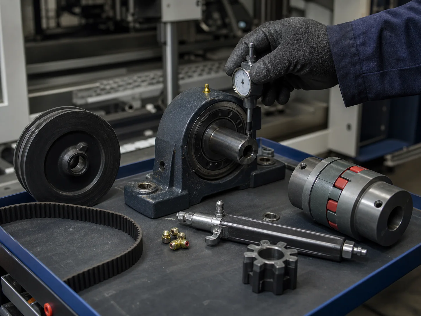 Industrial bearing, drive belt and coupling components prepared for maintenance inspection