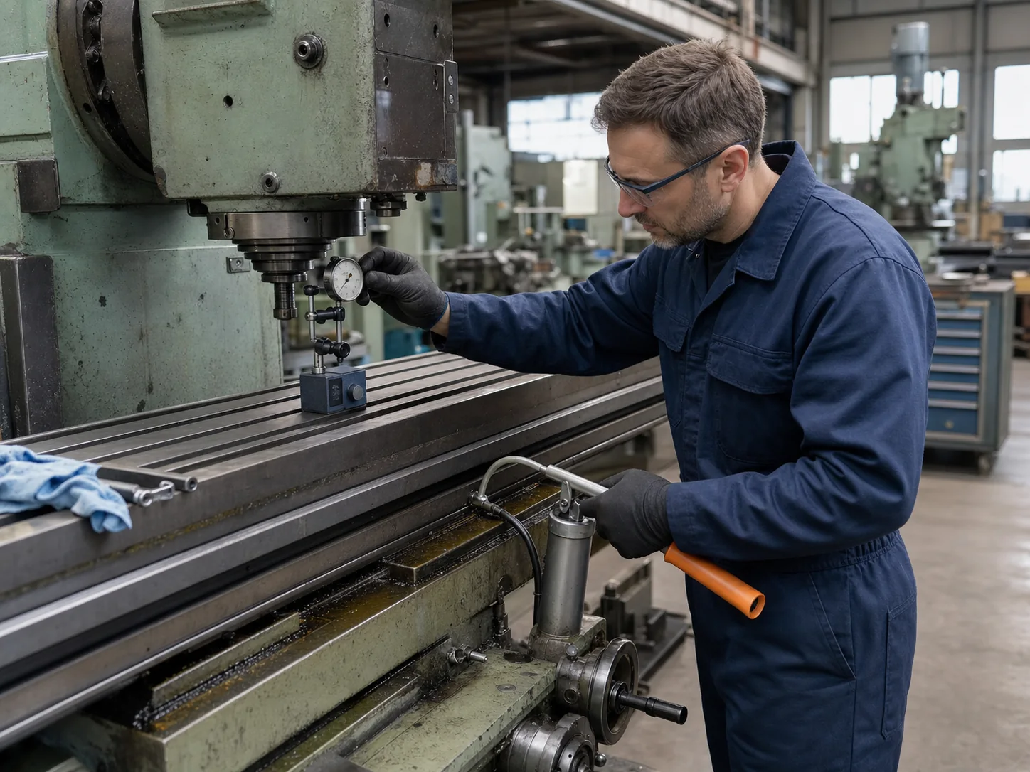 Technician checking machine alignment during preventative maintenance
