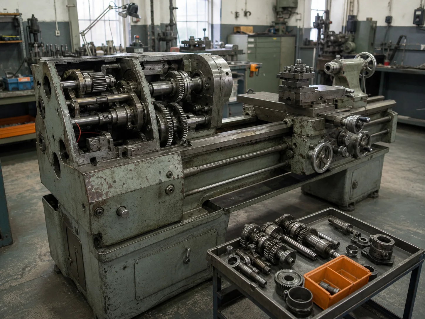 Industrial lathe stripped for assessment during workshop reconditioning