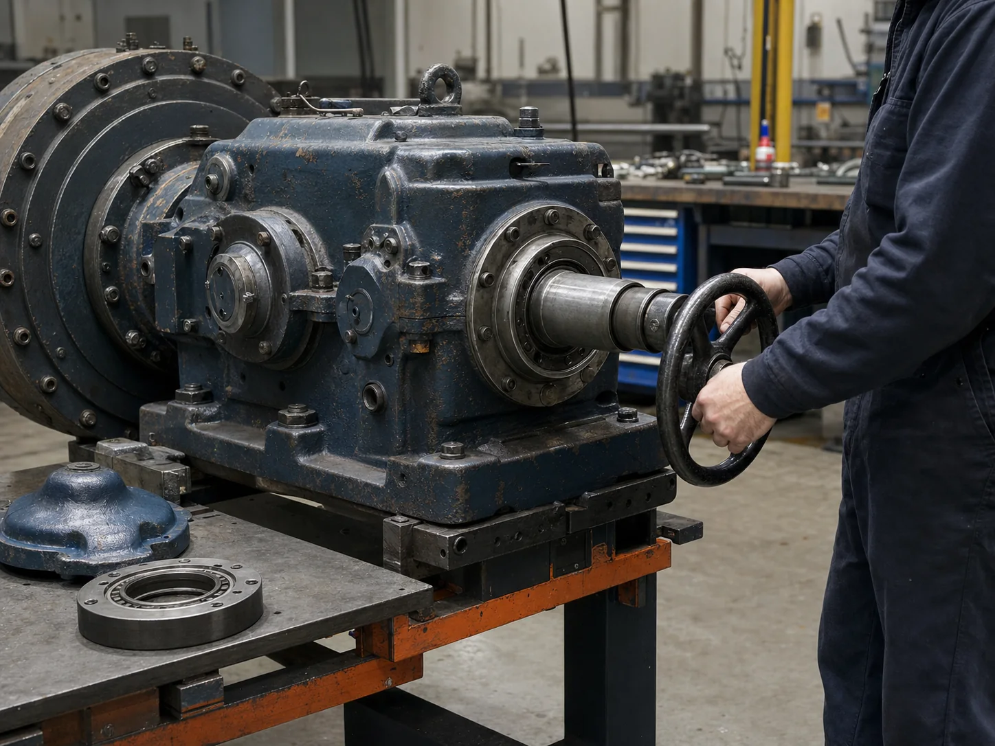 Reassembled industrial gearbox undergoing final workshop inspection
